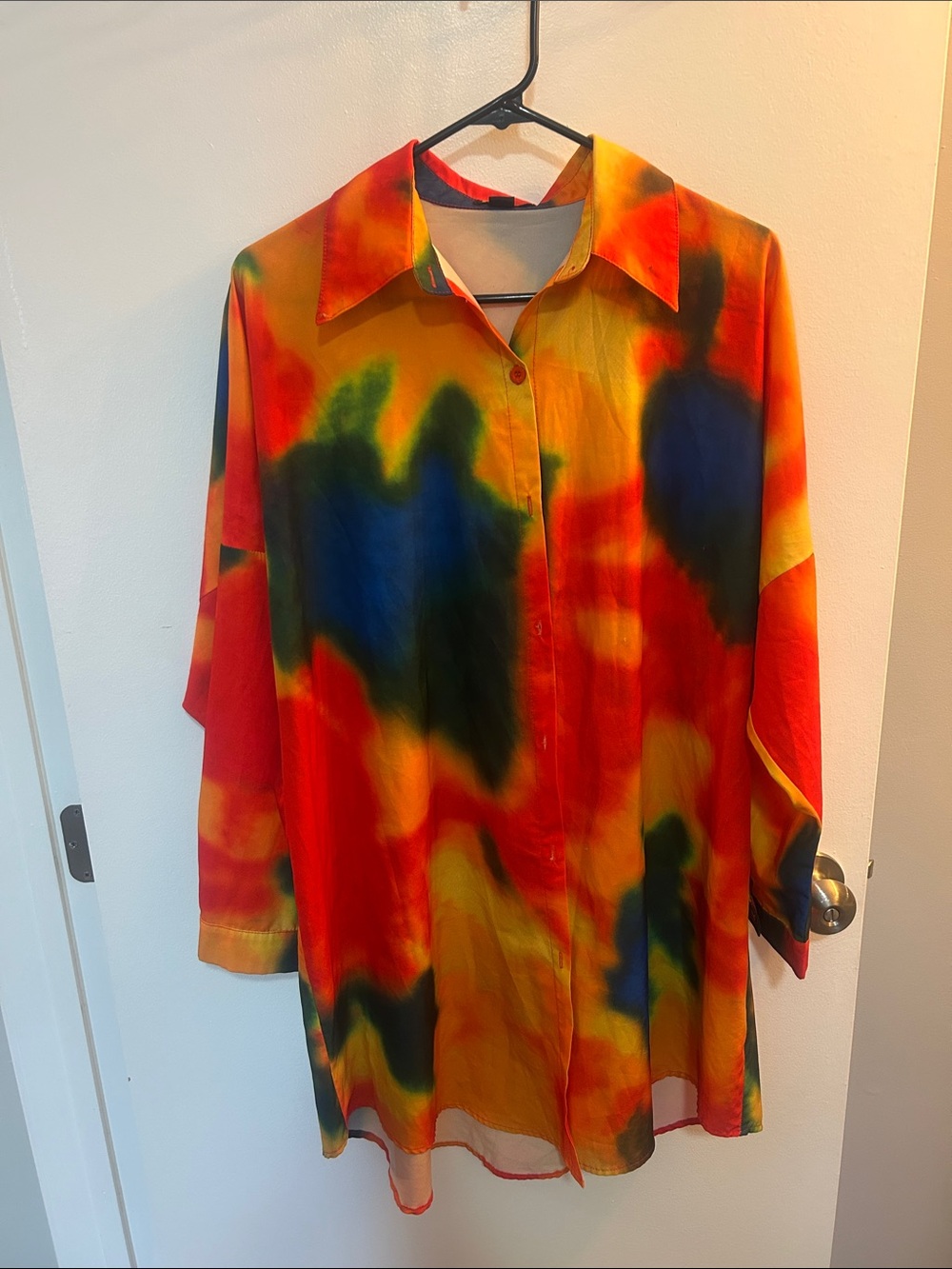 Vibrant Multicolor Tie-Dye Button Front Blouse - Red, Blue & Yellow